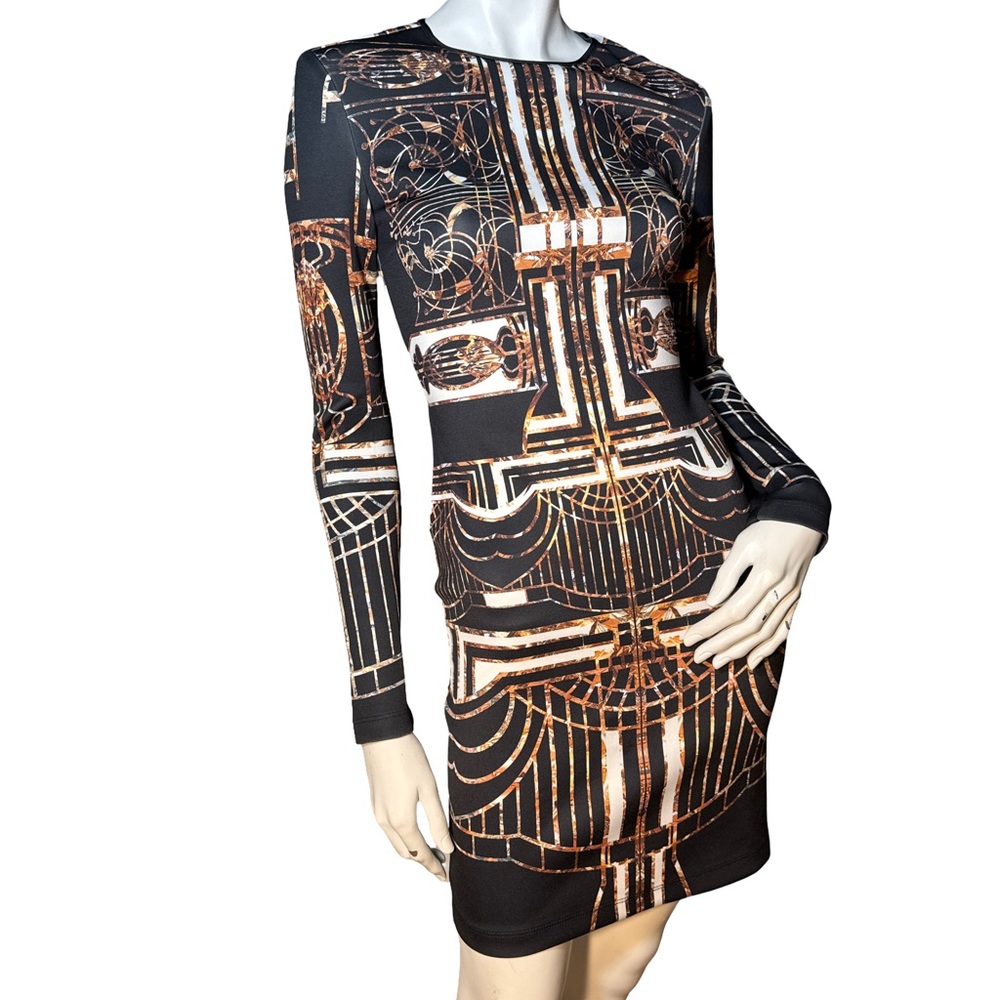 Gary Print flounce Clover Canyon Black and Gold Long Sleeve Bodycon Dress